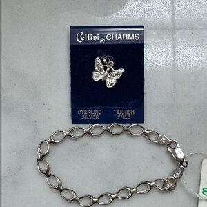 Sterling Silver Butterfly Charm and Faux Silver Bracelet